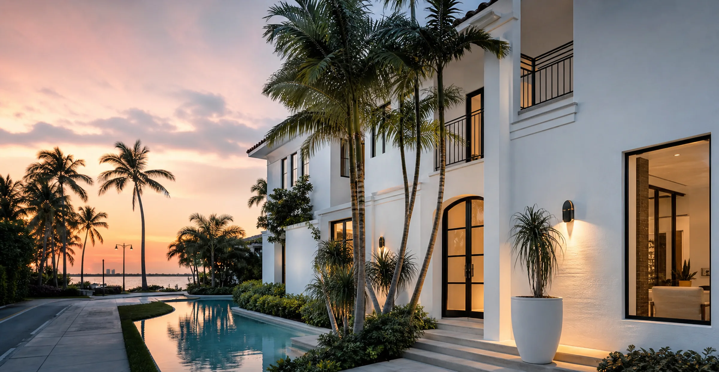 A Miami home with a freshly finished exterior at dusk